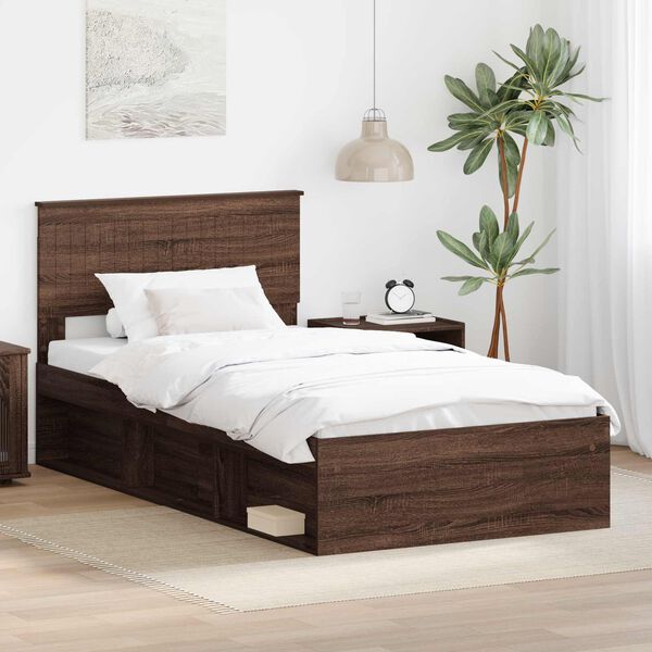 vidaXL Bed Frame with Headboard Brown Oak 100 x 200 cm Solid Pine Wood