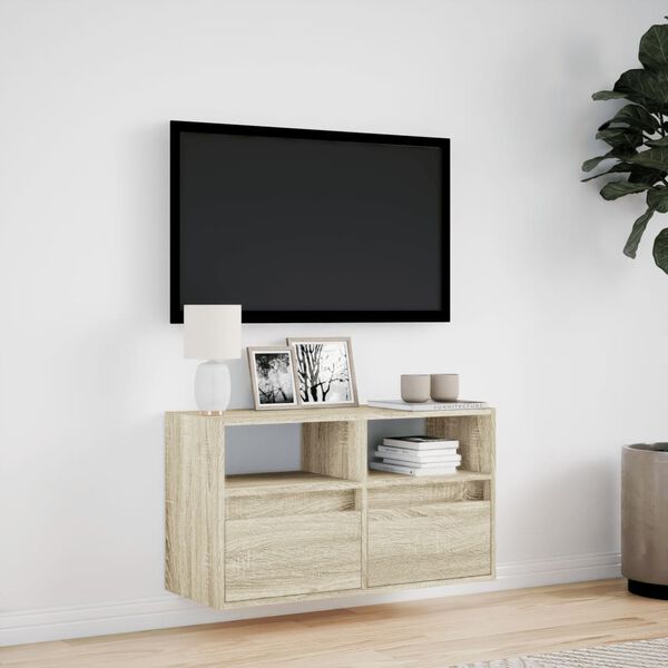 vidaXL TV Wall Cabinet with LED Lights Sonoma Oak 80x31x45 cm