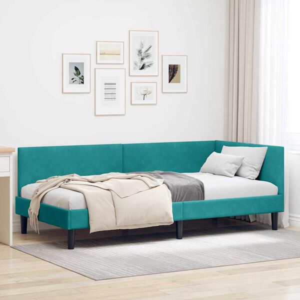 vidaXL Corner Bed Frame with Headboard Turquoise 90 cm x 190 cm Velvet