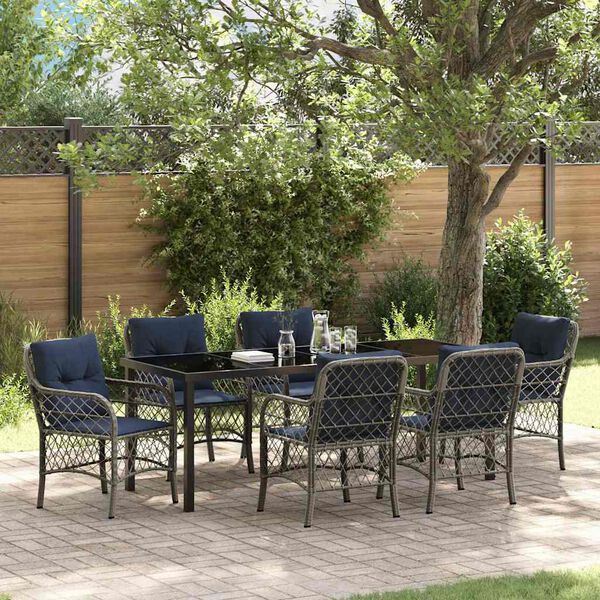 vidaXL Garden Dining Set with Cushion 7 pcs Grey and Black Rattan