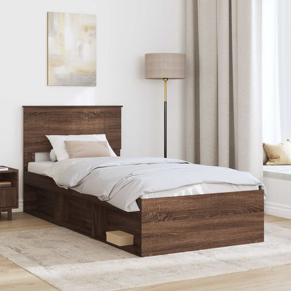 vidaXL Bed Frame with Headboard Brown Oak 90 x 200 cm Solid Pine Wood