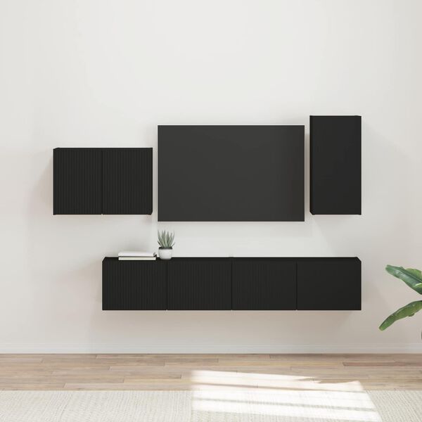 vidaXL TV Wall Cabinet Set Wall-mounted 4 pcs Black Engineered Wood