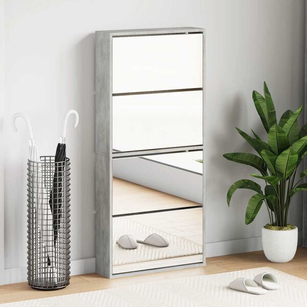 vidaXL Shoe Cabinet with Mirror 4-Layer Concrete Grey 63x17x134 cm