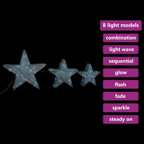 vidaXL Christmas Decoration Stars 3 pcs Silver Mesh LED Outdoor Indoor