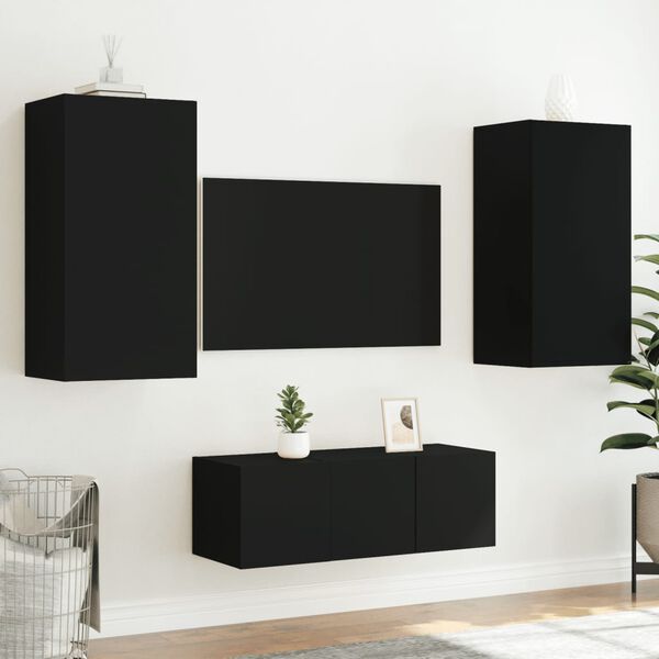 vidaXL 4 Piece TV Wall Units with LED Black Engineered Wood
