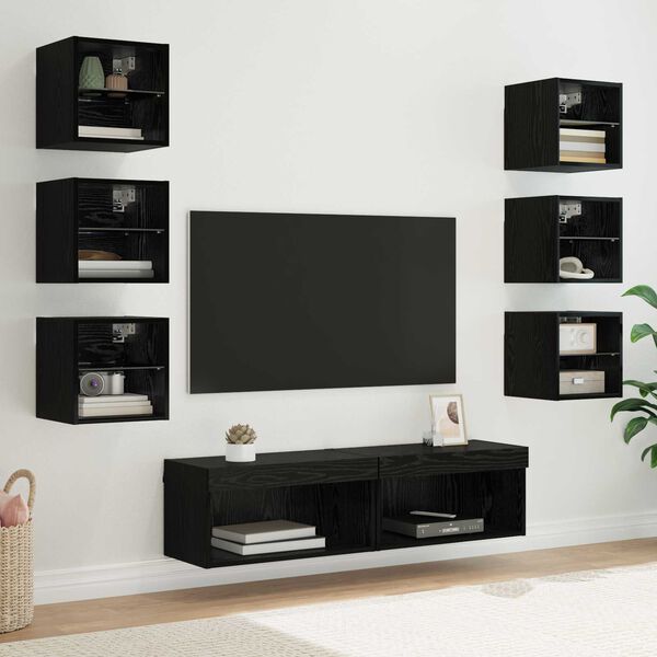 vidaXL TV Cabinet with LED Strip Lights 8 pcs Black Oak Glass