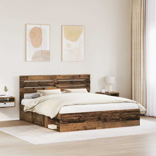 vidaXL Bed Frame with Headboard Old Wood 200 x 200 cm Solid Pine Wood
