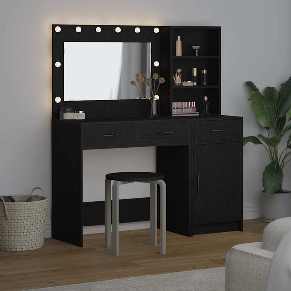 vidaXL Dressing Table with Mirror Lights 2 pcs Black Engineered Wood