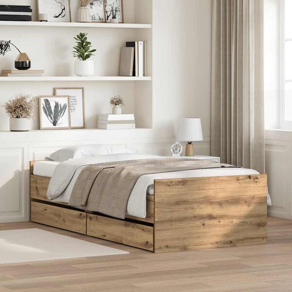 vidaXL Bed Frame with Drawer Artisan Oak 100 x 200 cm Solid Pine Wood