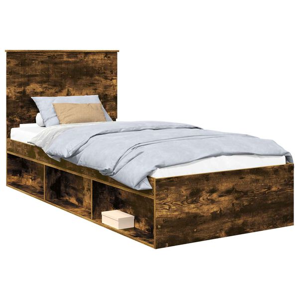 vidaXL Bed Frame with Headboard Smoked Oak 90 x 200 cm Solid Pine Wood