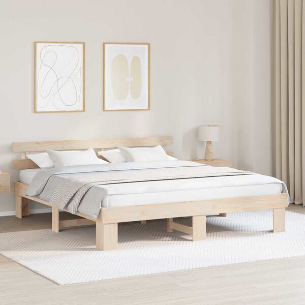 vidaXL Bed Frame with Headboard Natural 200 x 200 cm Solid Pine Wood
