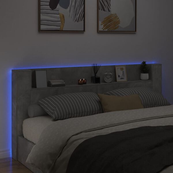 vidaXL Headboard Cabinet with LED Concrete Grey 220x16.5x103.5 cm