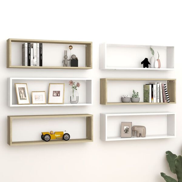 vidaXL Wall Cube Shelf 6 pcs White&Sonoma Oak 80x15x26.5cm Engineered Wood