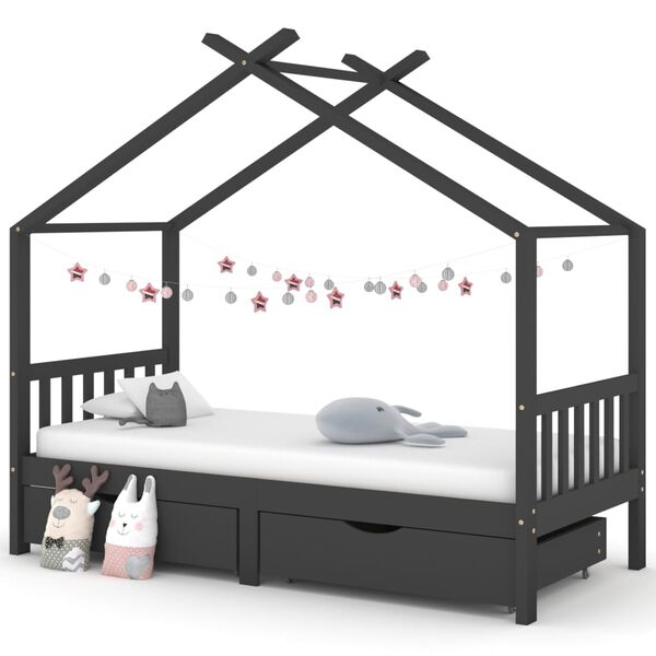 vidaXL Kids Bed Frame with Drawers Dark Grey Solid Pine Wood 90x200cm