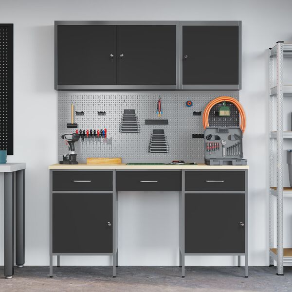 vidaXL Work Bench with Drawer 8 pcs Black 150 x 55 x 200 cm Steel