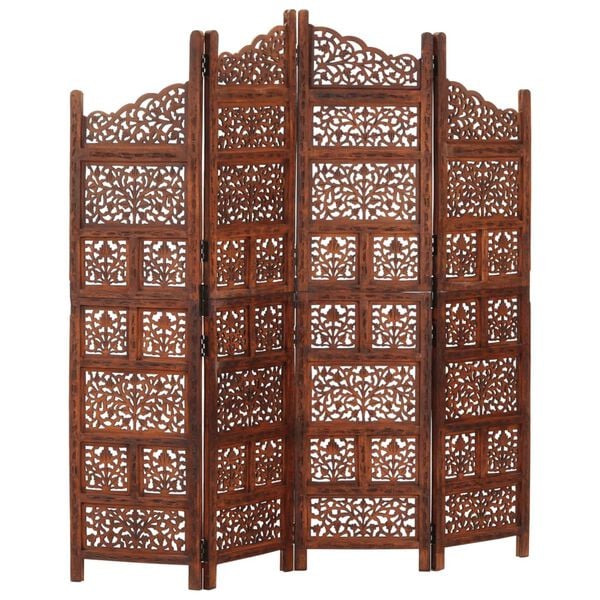 vidaXL Hand carved 4-Panel Room Divider Brown 160x165 cm Solid Mango Wood