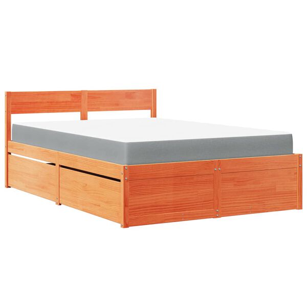 vidaXL Bed with Drawers and Mattress Wax Brown 120x190 cm Small Double Solid Wood Pine