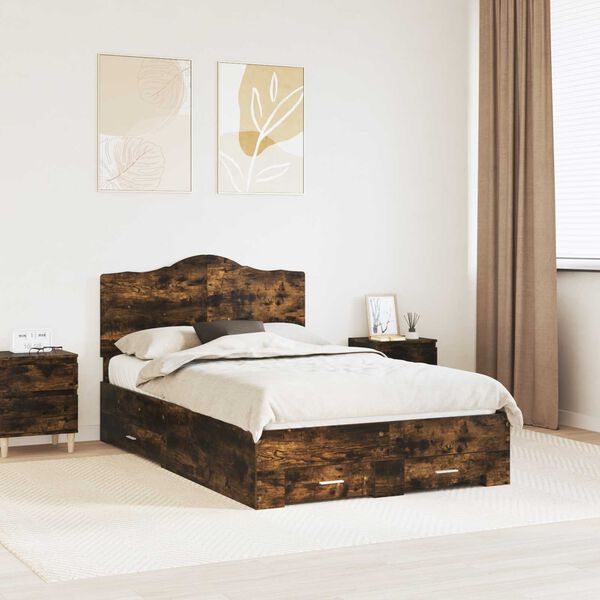 vidaXL Bed Frame with Drawer Smoked Oak 135 x 190 cm Engineered Wood