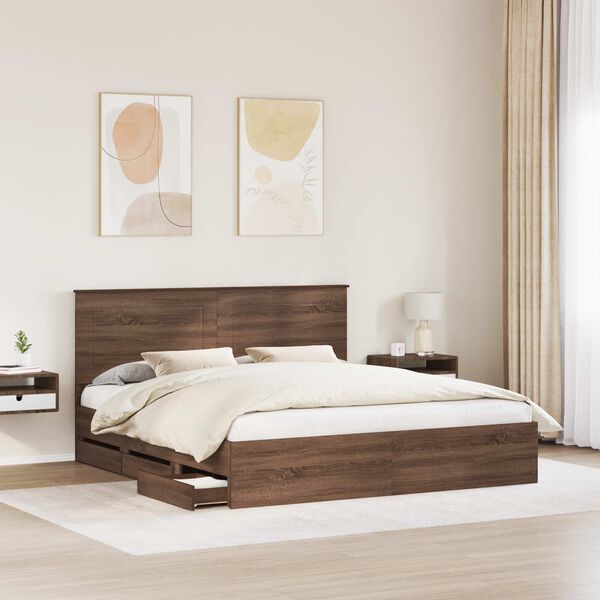 vidaXL Bed Frame with Drawer Brown Oak 200 x 200 cm Engineer Wood