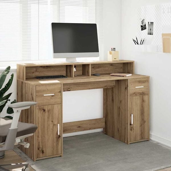 vidaXL Desk with LED Lights Artisian Oak 140x55x91 cm Engineered Wood