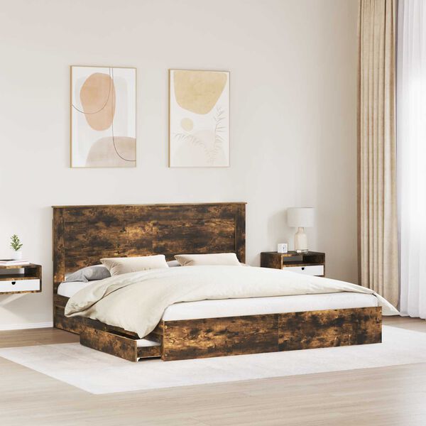 vidaXL Storage Bed with Drawer Smoked Oak 180 x 200 cm Engineered Wood