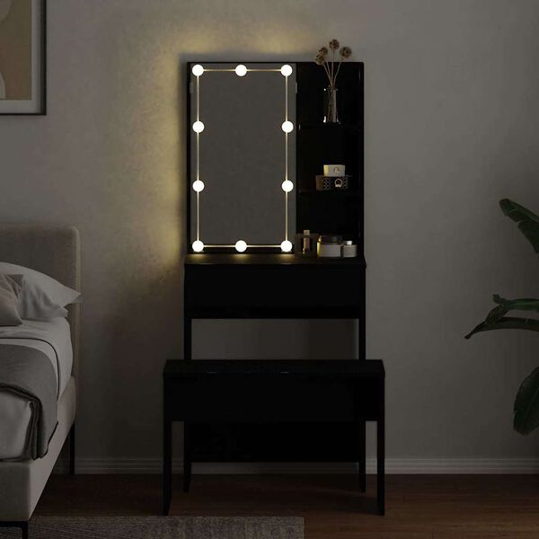 vidaXL LED Dressing Table Set 2 pcs Black Oak Engineered Wood