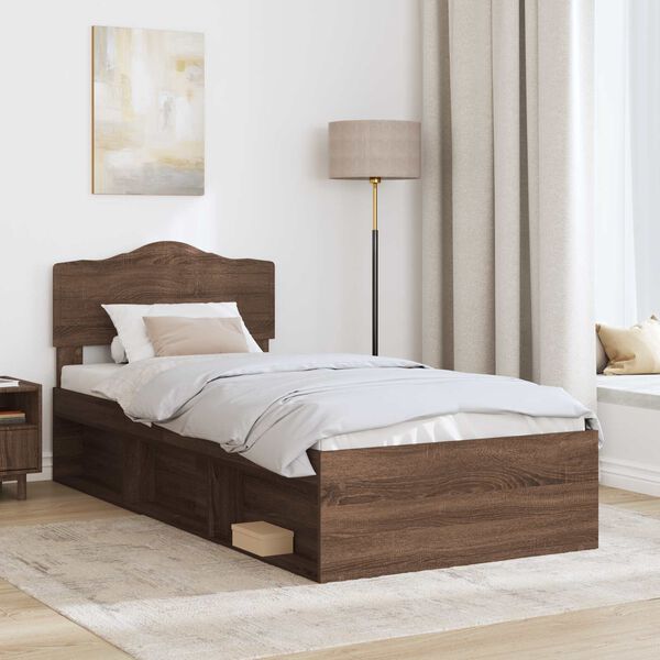 vidaXL Bed Frame with Headboard Brown Oak 75 x 190 cm Solid Pine Wood