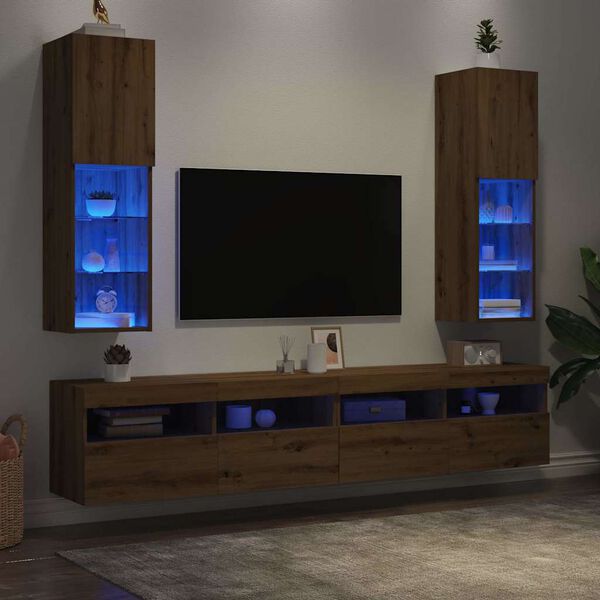 vidaXL TV Cabinets with LED Lights 2 pcs Artisian Oak 30.5x30x102 cm