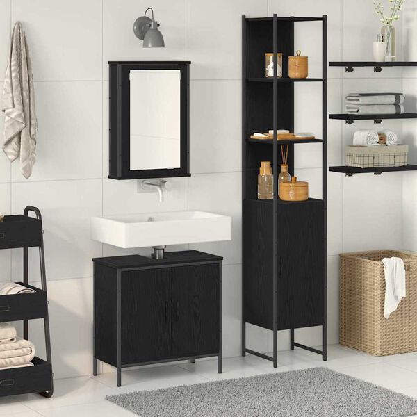 vidaXL Bathroom Furniture Set with Shelf 3 pcs Black Engineered wood