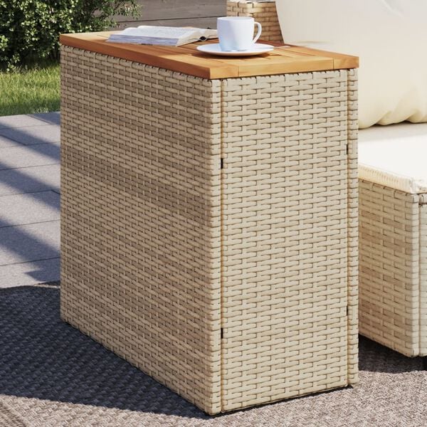 vidaXL Garden Side Table with Wooden Top Beige 58x27.5x55 cm Poly Rattan