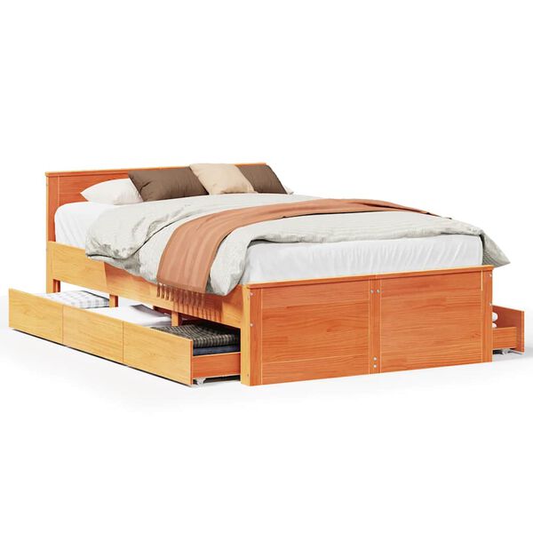 vidaXL Bed Frame without Mattress with Headboard Wax Brown 135x190 cm Double Solid Wood Pine