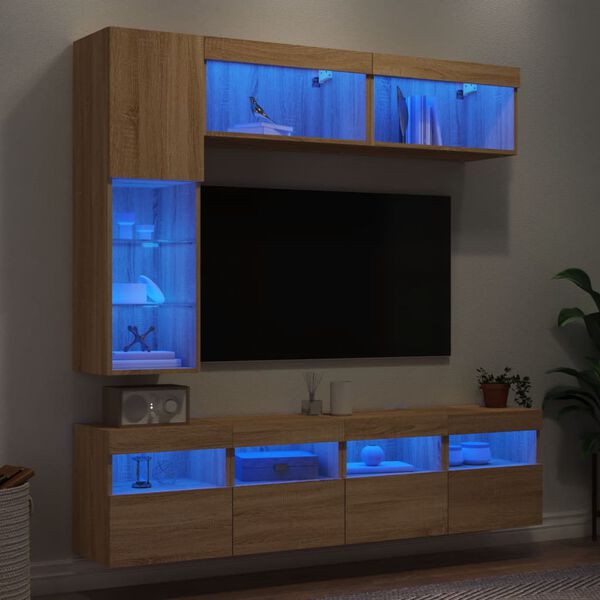 vidaXL 7 Piece TV Wall Cabinet Set with LED Lights Sonoma Oak
