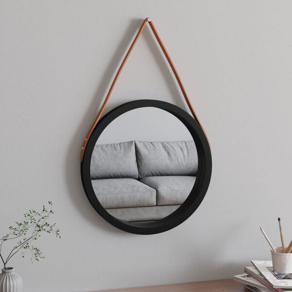 vidaXL Wall Mirror with Strap Black &Oslash; 45 cm
