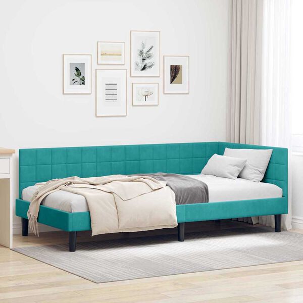 vidaXL Corner Bed Frame with Headboard Turquoise 90 cm x 190 cm Velvet