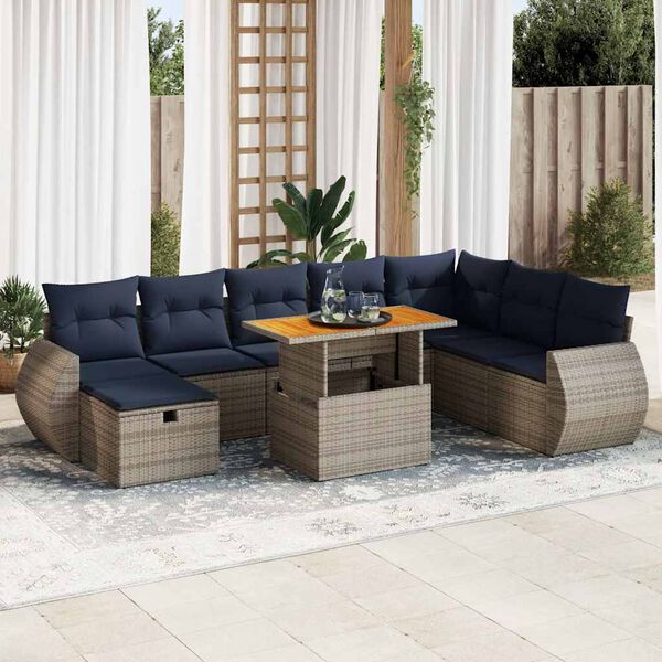 vidaXL 9 Piece Garden Sofa Set with Cushions Grey Poly Rattan Acacia