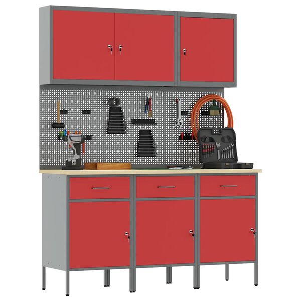 vidaXL Work Cabinet with Drawer 8 pcs Red Engineered Wood and Steel