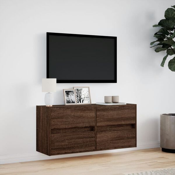 vidaXL TV Wall Cabinet with LED Lights Brown Oak 100x31x45 cm