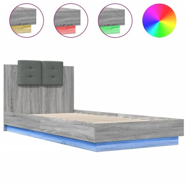 vidaXL Bed Frame with LED without Mattress Grey Sonoma 90x200 cm