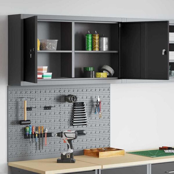 vidaXL Tool Cabinet Set with Shelf 3 pcs Black Powder-Coated Steel