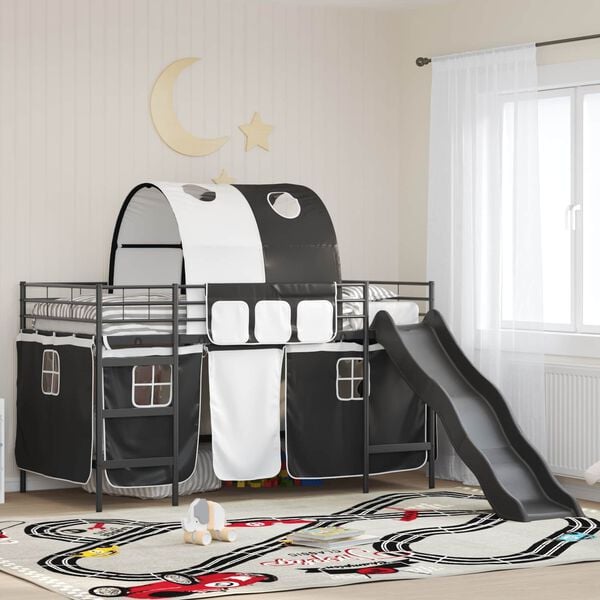 vidaXL Kids'Loft Bed Frame with Curtains, Arch, Slide Black