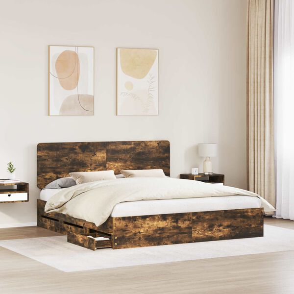 vidaXL Bed Frame with Drawer Smoked Oak 200 x 200 cm Engineer Wood