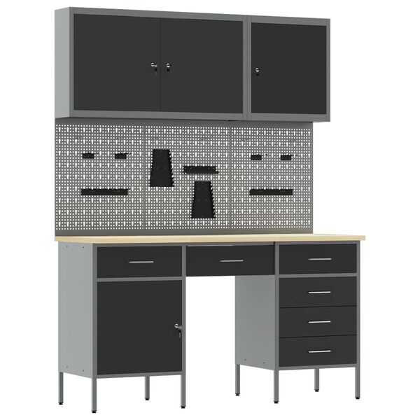 vidaXL Work Cabinet with Drawer 8 pcs Black 150 x 55 x 200 cm