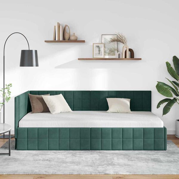 vidaXL Corner Bed Frame with Headboard Dark green 90 x 190 cm Velvet