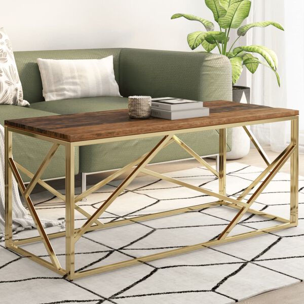 vidaXL Coffee Table Gold Stainless Steel and Solid Sleeper Wood