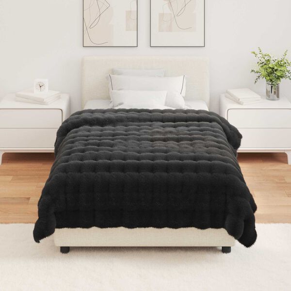 vidaXL Faux Rabbit Fur Blanket Black 130 x 150 cm Polyester