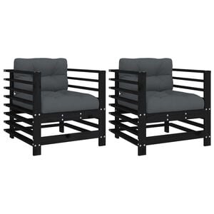 vidaXL Garden Chairs with Cushions 2 pcs Black Solid Wood Pine