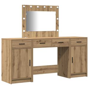 vidaXL Dressing Table with Mirror Lights 3 pcs Brown Engineered Wood