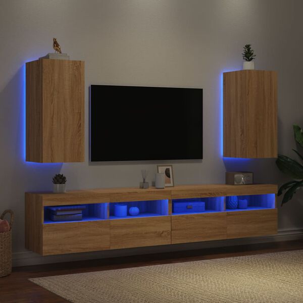vidaXL TV Wall Cabinets with LED Lights 2 pcs Sonoma Oak 30.5x35x70 cm