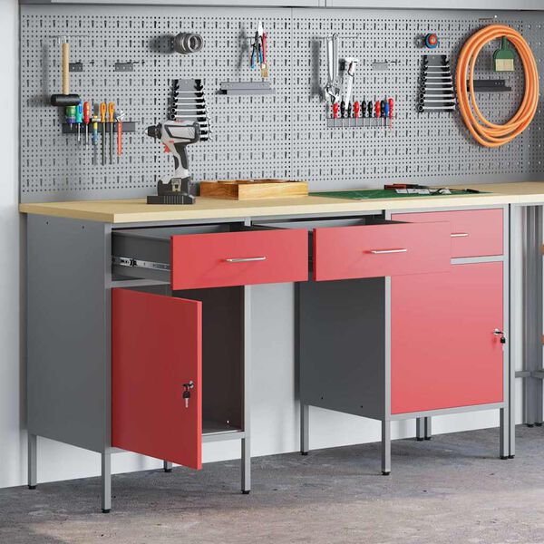 vidaXL Work Cabinet with Drawer with Lock 3 pcs Red 150 x 55 x 85 cm