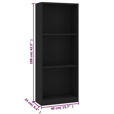 vidaXL 3-Tier Book Cabinet Black 40x24x108 cm Engineered Wood